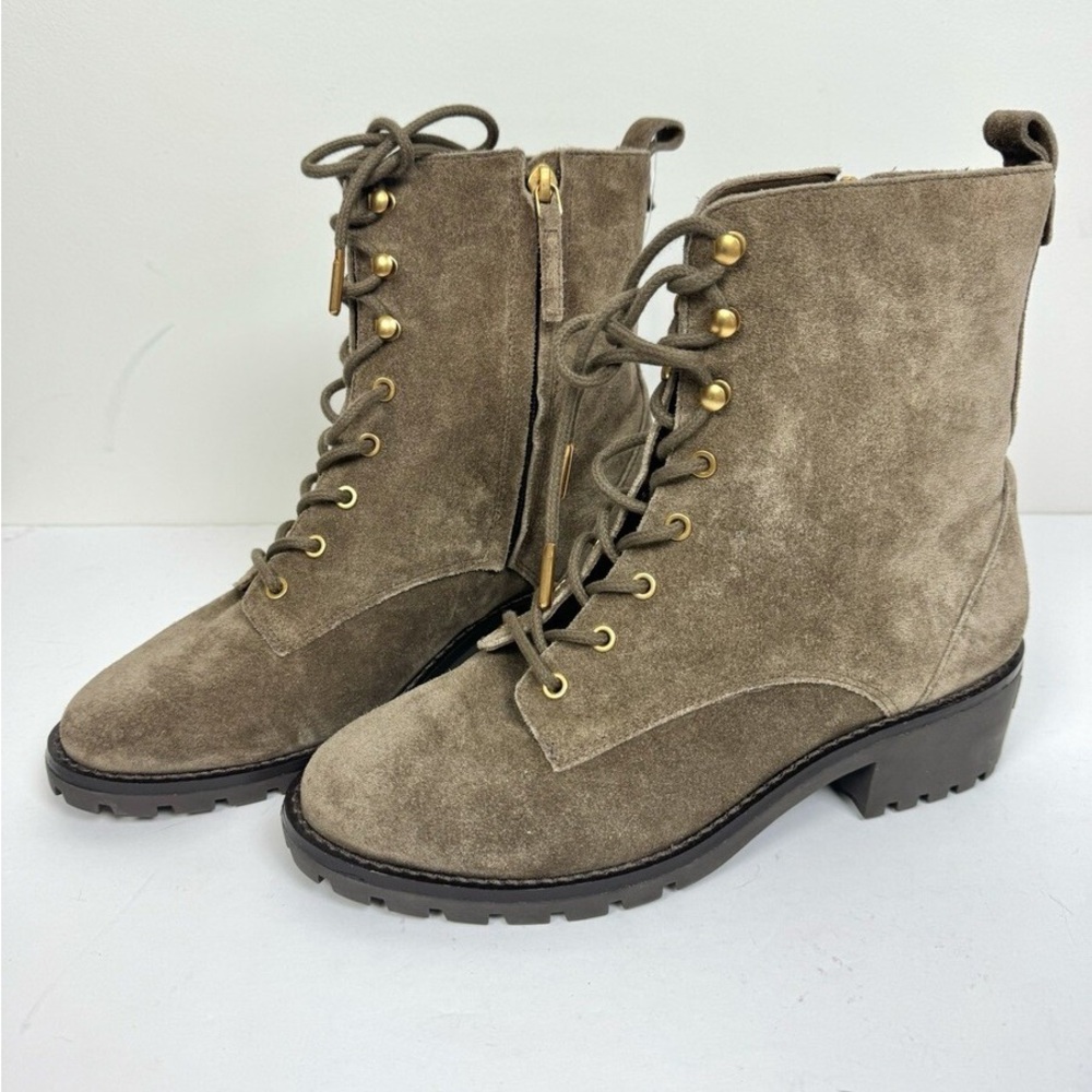Tory Burch River Rock Suede Combat Lug Sole Boots Size 9.5 NIB Taupe Lace Up